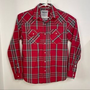 LEVIS Western Pearl Snap Button Shirt Red Plaid Mens Small Slim Fit Cowboy Rodeo